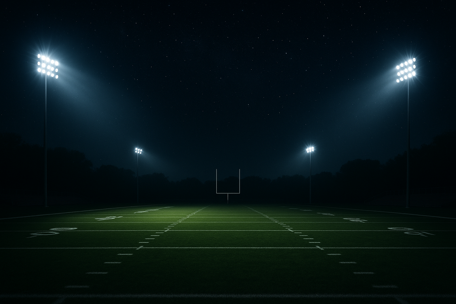 an empty football field at midnight 
